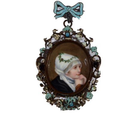 19th Century Continental European School A miniature bust portrait of a young woman wearing Continental regional costume, gla