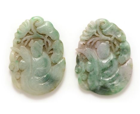 A pair of Chinese spinach green jade pendants, each of oval form, pierces and carved with a boy, goose and lily flowers, each