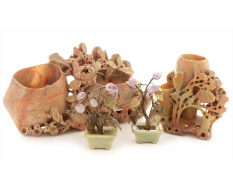 A Late 19th Century Chinese soapstone double brush washer , carved with flowers and foliage, 30cms; another smaller , 15cms; 