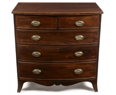 A Regency mahogany and boxwood strung bowfront chest of drawers, the moulded top above an arrangement of two short drawers ov