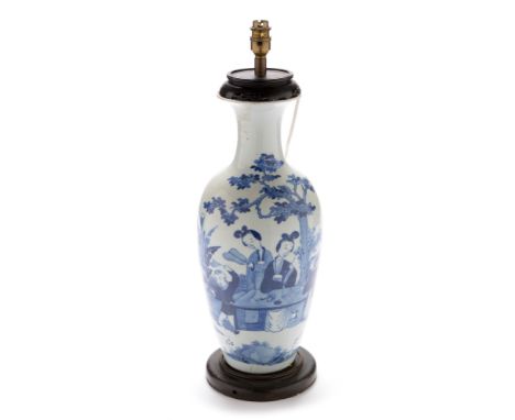 A Chinese blue and white ovoid vase , 19th century, painted with maidens and boys on a terrace, later fitted as a lamp, 46cms