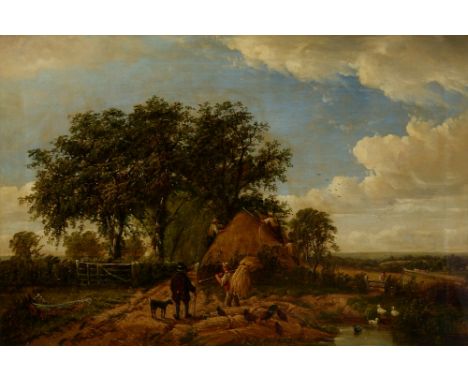 Manner of John Constable (19th Century) Farm workers building a haystack, with signature, indistinctly inscribed verso "Richd