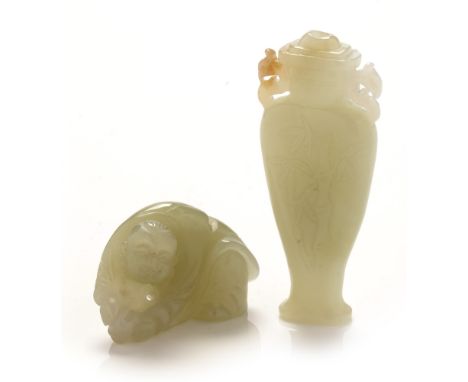 A Chinese pale green jade pendant , in the form of a vase carved with bamboo, double phoenix handles, 8.7cms; and a small Chi