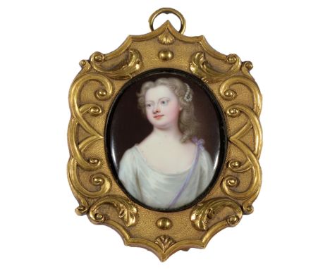 Late 18th/early 19th Century Continental European School A miniature portrait of a young woman wearing a lilac sash and pearl