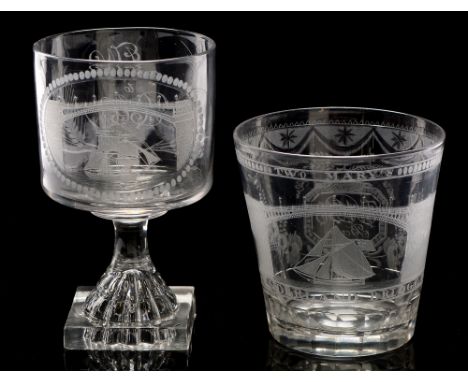 A Sunderland glass tumbler , early 19th Century, engraved with the Sunderland Ironbridge and inscribed 'TWO MARY'S', and 'SUN