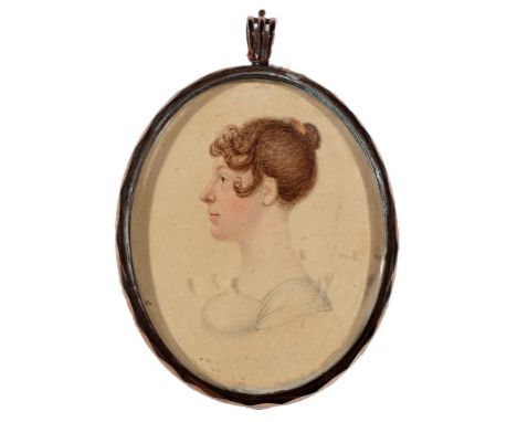 British School (c.1800) A miniature bust portrait of a young woman in profile with light brown hair gathered up in curls acro