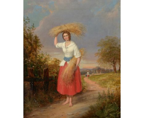 W* R* Robinson (fl.1810-1875) Portrait of a country girl carrying sheaves of corn, signed, oil on canvas, 60 x 50cms, framed.