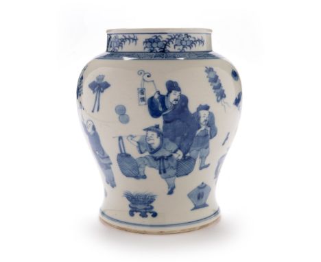 A 19th Century Chinese blue and white baluster vase , decorated with figures and boys within key fret, floral and lined borde