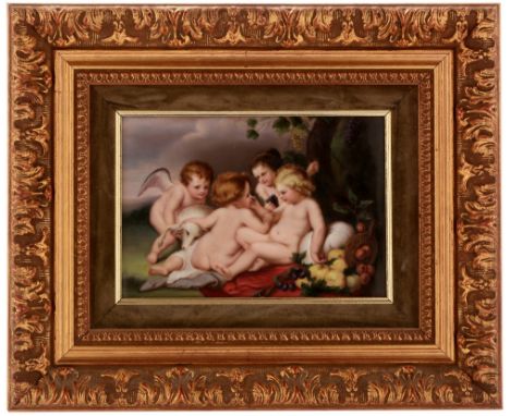 A late 19th Century German porcelain plaque, probably Berlin, painted after Peter Paul Rubens with cherubs, a lamb and fruit 