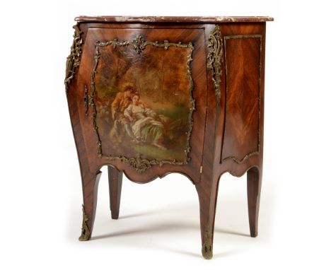 A 19th Century French-style kingwood and metal mounted bombé side cabinet, the red marble top above a painted cupboard door d