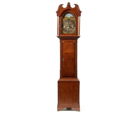 Fred Wyatt, Erdington: an oak and mahogany banded longcase clock, the arched, silvered and brass dial with roman hours and ar