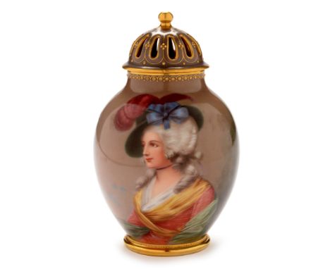 A Vienna decorated porcelain ovoid potpourri vase and cover, painted and signed by Wagner with a half-length portrait of Mrs.