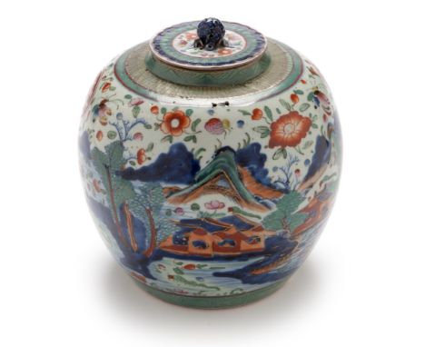 A 19th Century Chinese ovoid jar and cover , decorated in underglaze blue with a stylized landscape, later clobbered decorati