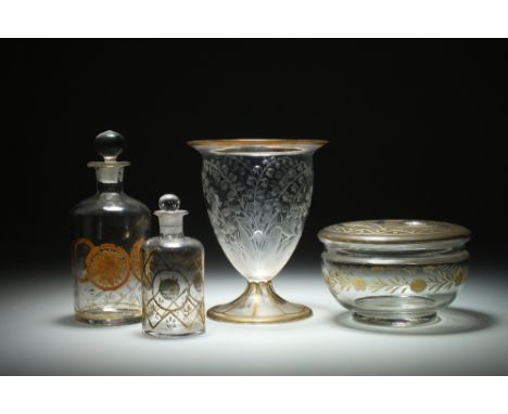 A late 19th/early 20th century Continental glass vase engraved with bluebells on a conical spreading foot, with gilded upper 