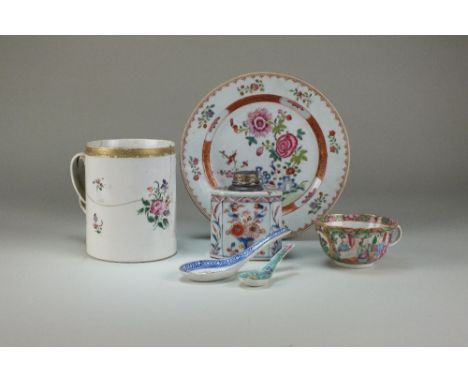 A group of Chinese porcelain18th Century and laterIncluding a large famille rose mug with entwined strap handle, decorated wi