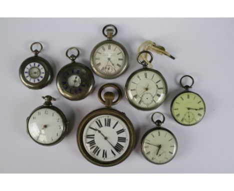 A collection of half hunter and open face silver pocket watches to include a care case example with black Arabic numerals and