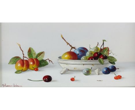 Johanes Eerdmans (B.1950), Still life with cherries and plums in a ceramic bowl, signed lower left, oil on board, 11 x 22cm