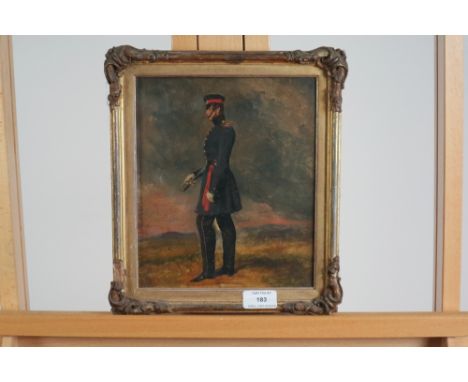 British school, mid 19th century, Army officer standing in the open before a landscape, indistinctly inscribed verso, oil on 
