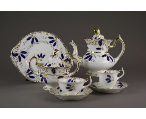 A Rockingham porcelain part tea and coffee service, circa 1830, decorated in cobalt and gilt with trailing flowerbuds, gilt h