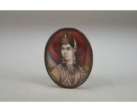 An Indian school portrait miniature of a Mughal consort19th CenturyPossibly depicting Nur Jahan, the sitter wearing elaborate