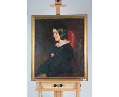 British school, 19th century, Portrait of a lady, half length seated wearing a black dress and a pink rose, oil on canvas, 76