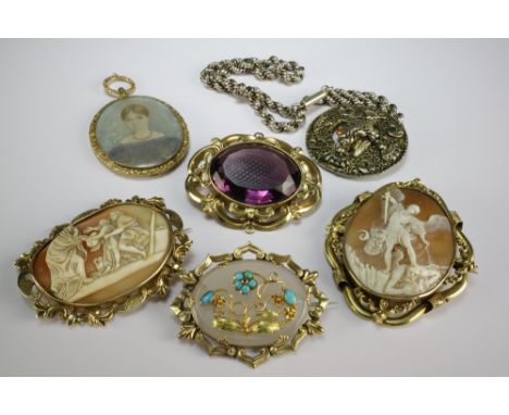 A chalcedony and turquoise 'forget me not' brooch, together with two cameo brooches, a purple paste set brooch, a portrait pe