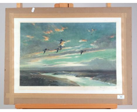 After Peter Scott, (1909-1989) signed in pencil reproduction print, 42 x 59cm (PL), together with a watercolour of geese in f