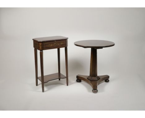 A mahogany tripod table William IV and later, the replaced circular top on a hexagonal column and tripartite base and bun fee