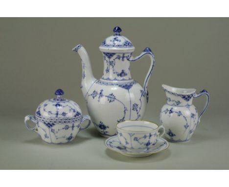 A Royal Copenhagen porcelain coffee service, comprising a coffee pot and cover, six coffee cups, six saucers, twin-handled su