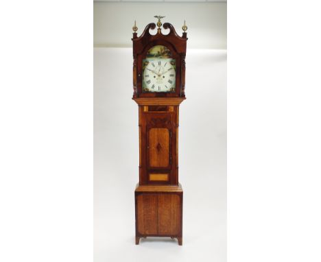 An oak and mahogany longcase clock, early 19th century the broken scroll swan neck pediment with eagle and ball and eagle and