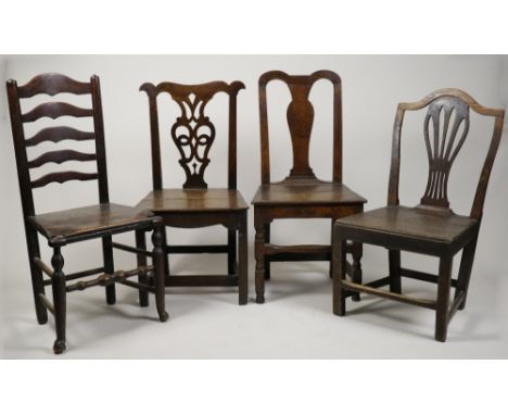 Four various George III oak and elm country dining chairs including ladder back and splat back versions, all with panel seats