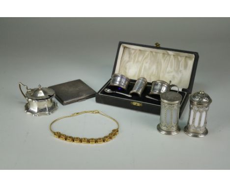 A cased set of three silver cruets, together with three further silver cruets, a cased set of six silver teaspoons with sugar