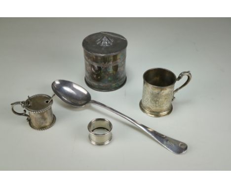 A Victorian silver Christening mug, London 1858, with engraved decoration and initials, together with a silver drum mustard, 
