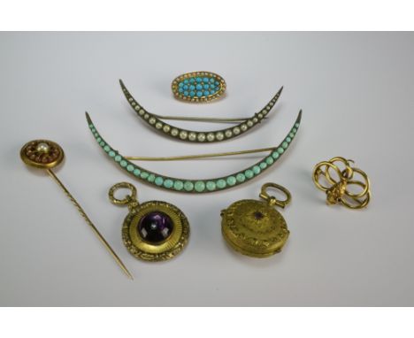 A seed pearl and coral stick pin, together with turquoise and seed pearl brooch, an openwork stylised snake brooch, cameo ear