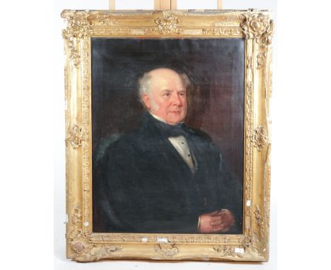 British school, mid 19th century, portrait of a gentleman, half length wearing a black coat and bow tie, oil on canvas, 89 x 