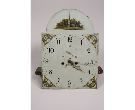 A George III oak and mahogany crossbanded longcase clock for restoration, 14 inch arched white enamel dial with Arabic numera