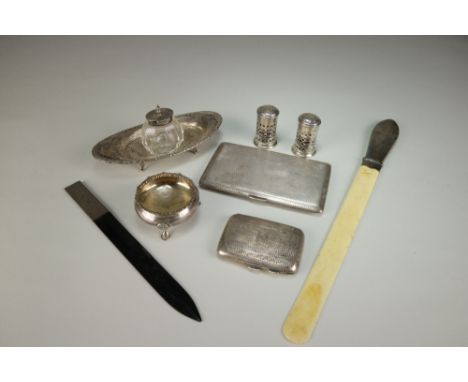 A silver ink well, Chester, together with a silver rectangular cigarette case with engine turned decoration a silver vesta ca
