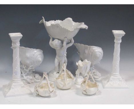 Two Naples Ginori white shell vases on coral effect stems, pair of Royal Worcester white candlesticks, a modern Italian twin 