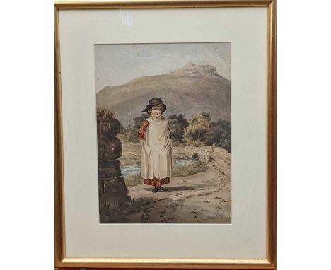 A collection of 5 figural watercolours and one print; to include, Circle of Joshua Cristall (1768-1847), a portrait of a girl