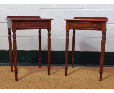 A pair of Reproduction Regency style lamp tables with single frieze drawers on reeded legs 76 x 51 x 43cm and a small dish to