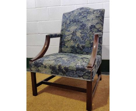 An early 20th century Gainsborough type mahogany armchair upholstered in a floral tapestry, 100 x 66 x 75cm