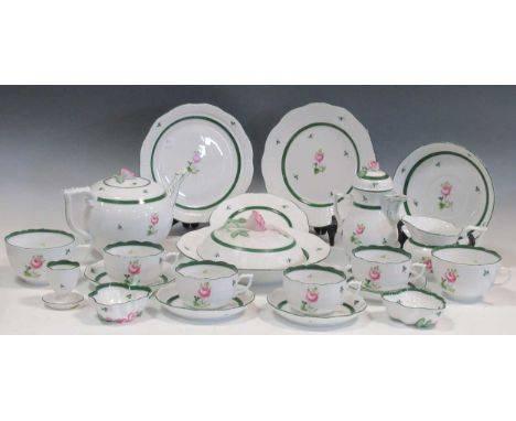 A collection of Herend green-border rose painted tea wares, including teapot, small jug, covered dish, etcGenerally, conditio