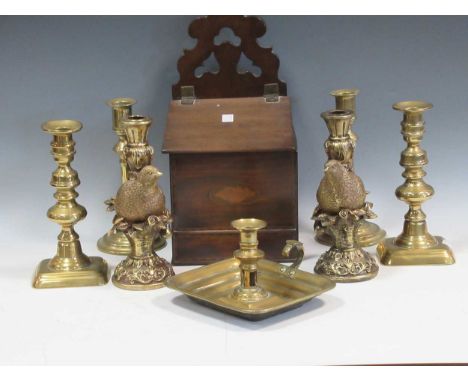 A mahogany candlebox, a caddy, Japanese lacquer box, walnut work box, Mr Punch door stop, another, candlesticks etc