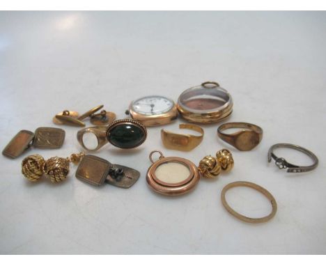 A 9ct gold signet ring, a 9ct gold ring mount, a 9ct gold wedding band, a pocket watch case stamped '9C', a locket stamped '9