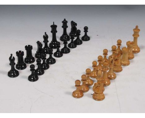 A 20th century Staunton type chess set of boxwood and ebony with weighted bases, King approx 9cm high