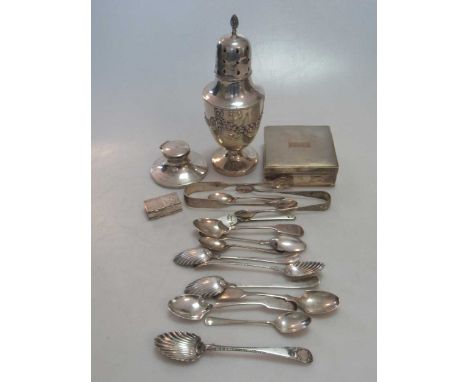 A silver sugar caster, table cigarette box, pill box, inkwell, flatware and filled model of a horse and jockey (A/F)13ozt gro