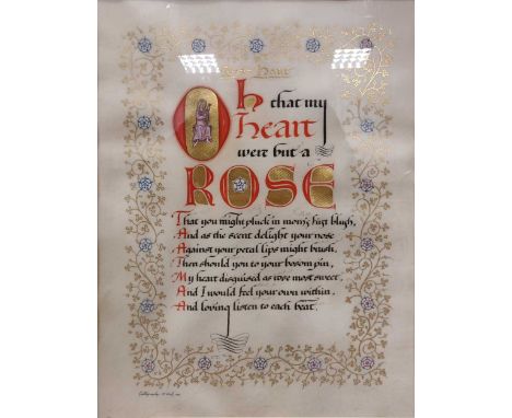 N. Crook, three calligraphic manuscript poems on vellum, signed and dated 1992/1993/1994, 'Tremble Mortals at my Name', 'Rose