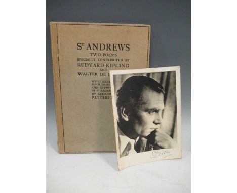 OLIVIER (Laurence) portrait photograph signed below in biro, and a book St Andrews Two poems by Walter de la Mare, 1926, ex l