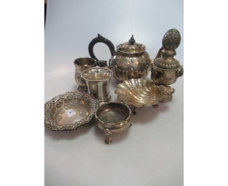 A collection of silverware including teapot, cups, flatware, dishes etc, 44.3ozt together with a continental silver caster