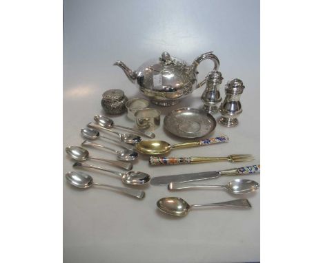 A small silver flower-decorated box and cover, a plated engraved circular teapot, 9 various silver coffee or tea spoons, near